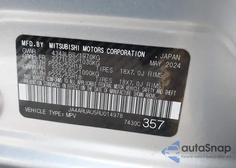 2024 Mitsubishi Outlander Sport 2.0 Es Awc/2.0 Le Awc/2.0 Ralliart Awc/2.0 S Awc/2.0 Se Awc/2.0 Trail Edition Awc из США, поврежденный, VIN JA4ARUAU5RU014978